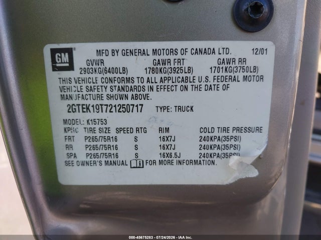 Aukcja sprzedaży 2002 Gmc Sierra 1500 Sle, vin: 2GTEK19T721250717, numer aukcji: 45675283