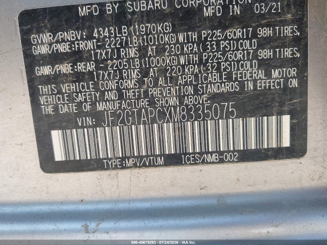 2021 Subaru Crosstrek Premium მანქანა იყიდება აუქციონზე, vin: JF2GTAPCXM8335075, აუქციონის ნომერი: 45675293