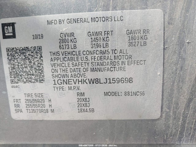 Продаж на аукціоні авто 2020 Chevrolet Traverse Awd Lt Leather, vin: 1GNEVHKW8LJ159698, номер лоту: 45675305