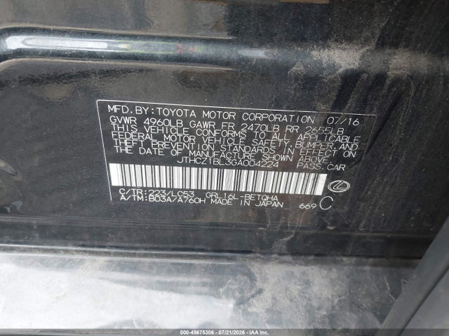 45675306 :رقم المزاد ، JTHCZ1BL3GA004224 vin ، 2016 Lexus Gs 350 مزاد بيع