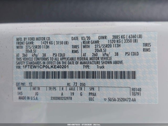 Продажа на аукционе авто 2020 Ford F-150 Xl, vin: 1FTEW1CP0LKE40201, номер лота: 45675333