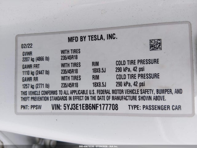 Продаж на аукціоні авто 2022 Tesla Model 3 Long Range Dual Motor All-wheel Drive, vin: 5YJ3E1EB6NF177708, номер лоту: 45675336