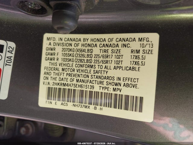 45675337 :رقم المزاد ، 2HKRM4H75EH615139 vin ، 2014 Honda Cr-v Ex-l مزاد بيع