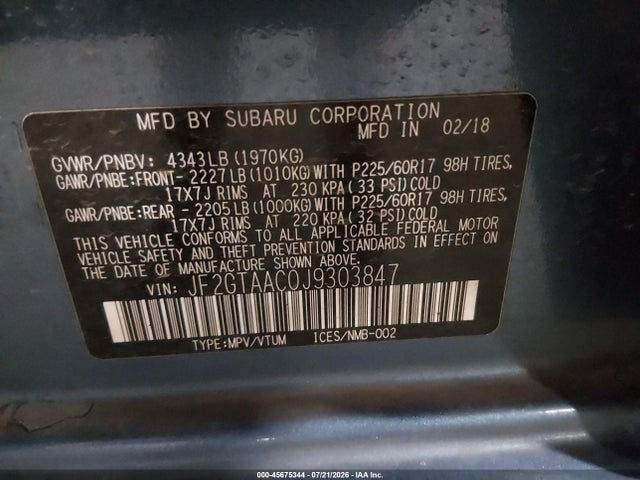 45675344 :رقم المزاد ، JF2GTAAC0J9303847 vin ، 2018 Subaru Crosstrek 2.0i مزاد بيع