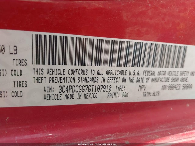 45675345 :رقم المزاد ، 3C4PDCGG7GT107910 vin ، 2016 Dodge Journey Crossroad Plus مزاد بيع