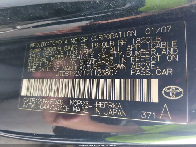 45675347 :رقم المزاد ، JTDBT923171123807 vin ، 2007 Toyota Yaris مزاد بيع