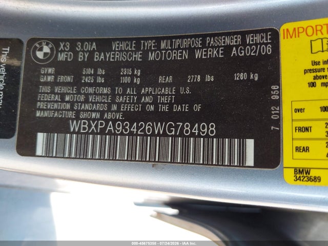 Aukcja sprzedaży 2006 Bmw X3 3.0i, vin: WBXPA93426WG78498, numer aukcji: 45675358