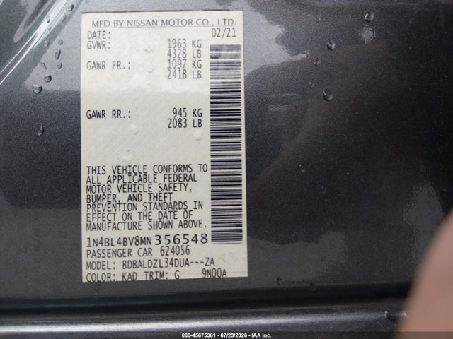 1N4BL4BV8MN356548 Nissan Altima S Fwd