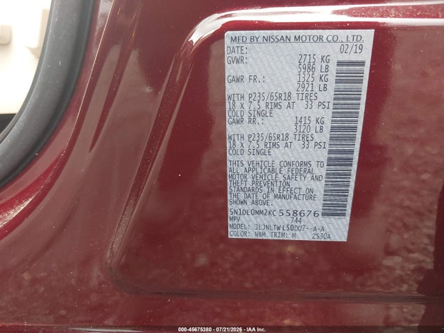 Продажа на аукционе авто 2019 Infiniti Qx60 Luxe, vin: 5N1DL0MM2KC558676, номер лота: 45675380