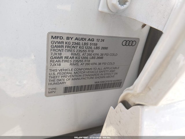 45675387 :رقم المزاد ، WA1DECF37S1029931 vin ، 2025 Audi Q3 Premium 45 Tfsi S Line Quattro Tiptronic مزاد بيع