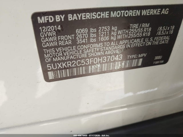 Продаж на аукціоні авто 2015 Bmw X5 Sdrive35i, vin: 5UXKR2C53F0H37043, номер лоту: 45675400