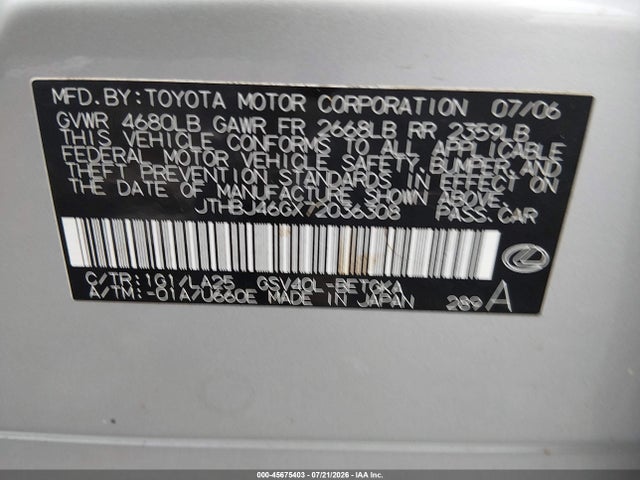 45675403 :رقم المزاد ، JTHBJ46GX72036308 vin ، 2007 Lexus Es 350 مزاد بيع