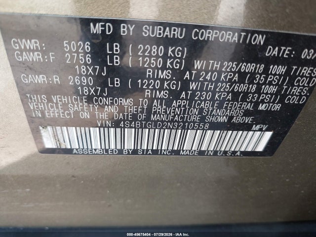 Aukcja sprzedaży 2022 Subaru Outback Onyx Edition Xt, vin: 4S4BTGLD2N3210558, numer aukcji: 45675404
