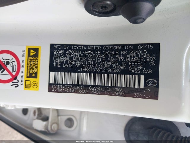 45675405 :رقم المزاد ، JTHBK1GG8F2198589 vin ، 2015 Lexus Es 350 مزاد بيع