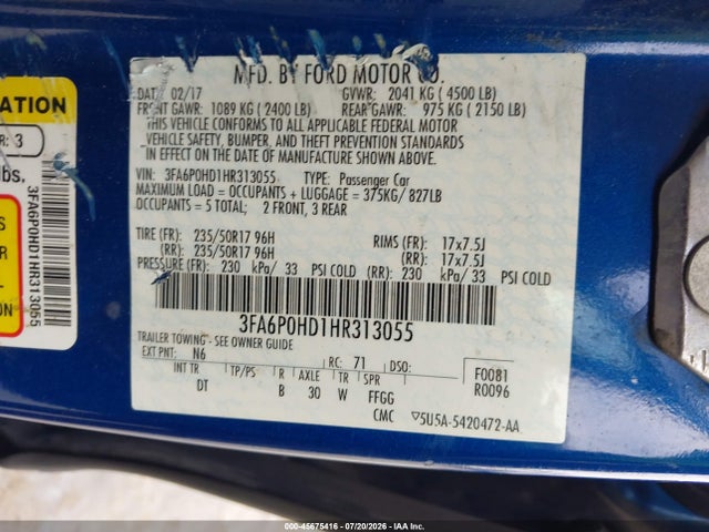 2017 Ford Fusion Se მანქანა იყიდება აუქციონზე, vin: 3FA6P0HD1HR313055, აუქციონის ნომერი: 45675416