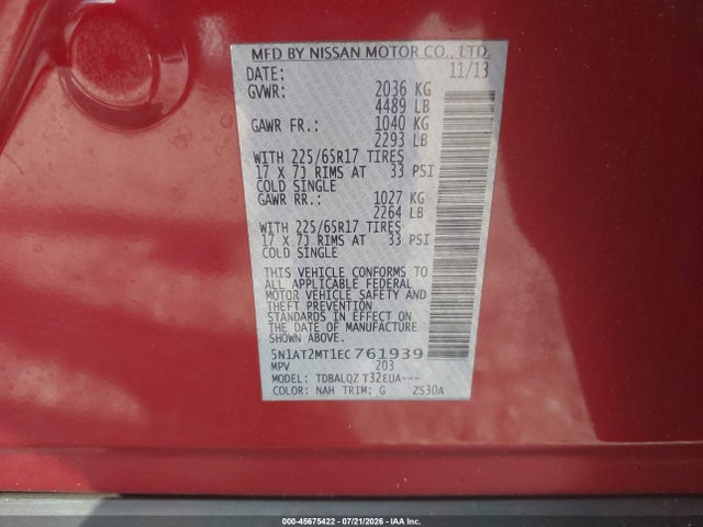 Продаж на аукціоні авто 2014 Nissan Rogue Sv, vin: 5N1AT2MT1EC761939, номер лоту: 45675422