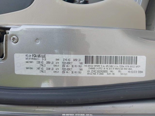 Продаж на аукціоні авто 2016 Chrysler Town & Country Touring, vin: 2C4RC1BG2GR288991, номер лоту: 45675424