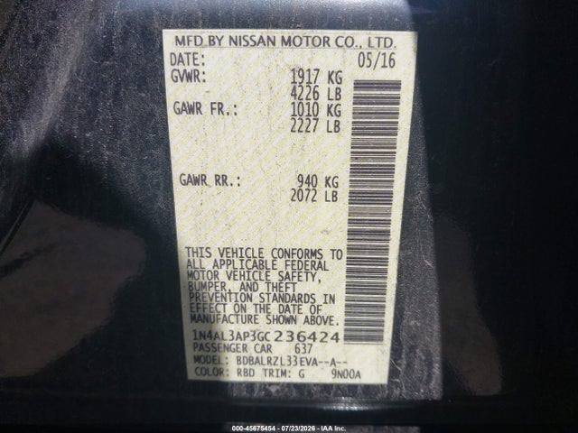 2016 Nissan Altima 2.5 Sl მანქანა იყიდება აუქციონზე, vin: 1N4AL3AP3GC236424, აუქციონის ნომერი: 45675454