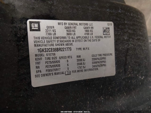 Aukcja sprzedaży 2011 Gmc Yukon Slt, vin: 1GKS2CE08BR221779, numer aukcji: 45675460