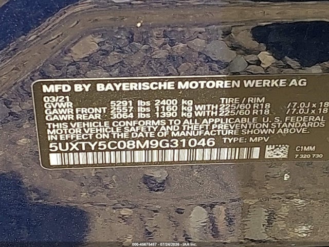 Aukcja sprzedaży 2021 Bmw X3 Xdrive30i, vin: 5UXTY5C08M9G31046, numer aukcji: 45675487