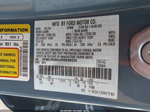 45675492 :رقم المزاد ، 3FMCR9B63RRE89530 vin ، 2024 Ford Bronco Sport Big Bend مزاد بيع