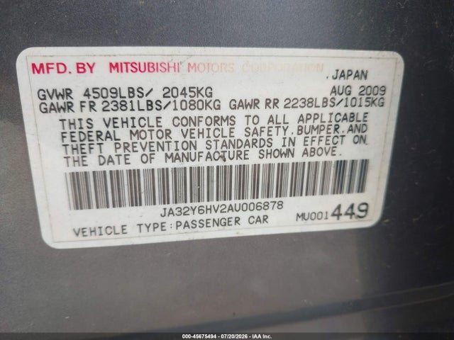 Aukcja sprzedaży 2010 Mitsubishi Lancer Sportback Ralliart, vin: JA32Y6HV2AU006878, numer aukcji: 45675494