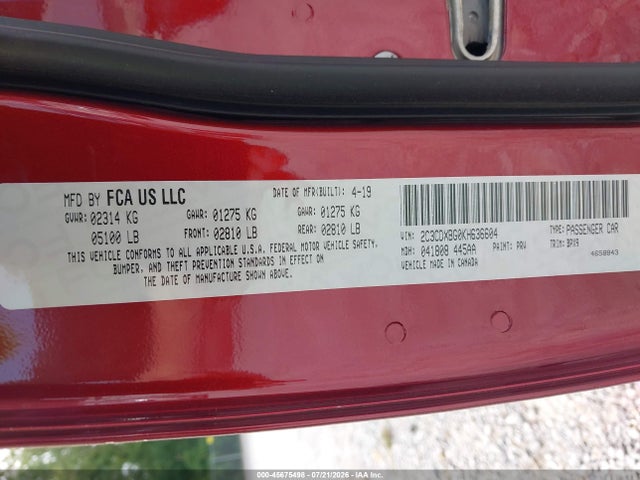 45675498 :رقم المزاد ، 2C3CDXBG0KH636604 vin ، 2019 Dodge Charger Sxt Rwd مزاد بيع