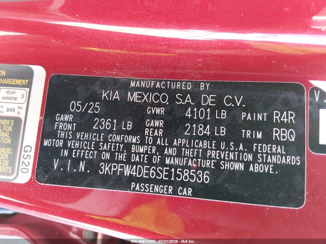 Aukcja sprzedaży 2025 Kia K4 Gt-line, vin: 3KPFW4DE6SE158536, numer aukcji: 45675503