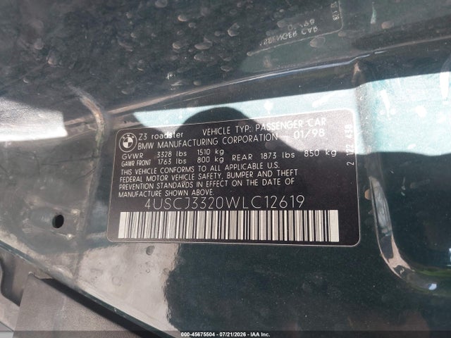 45675504 :رقم المزاد ، 4USCJ3320WLC12619 vin ، 1998 Bmw Z3 2.8 مزاد بيع