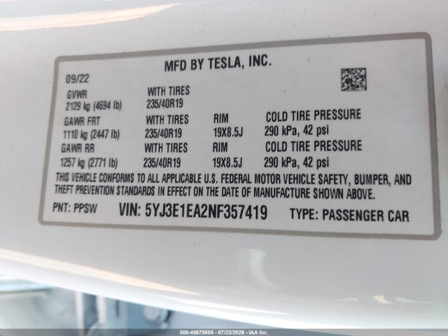 Aukcja sprzedaży 2022 Tesla Model 3 Rear-wheel Drive, vin: 5YJ3E1EA2NF357419, numer aukcji: 45675505