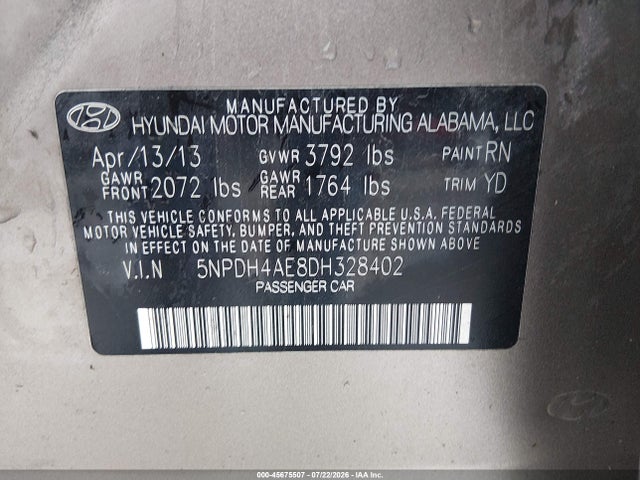 Aukcja sprzedaży 2013 Hyundai Elantra Gls, vin: 5NPDH4AE8DH328402, numer aukcji: 45675507