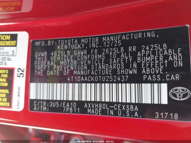 2026 Toyota Camry Se მანქანა იყიდება აუქციონზე, vin: 4T1DAACK0TU252437, აუქციონის ნომერი: 45675510