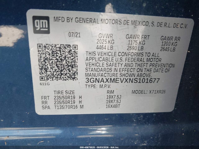 45675525 :رقم المزاد ، 3GNAXMEVXNS101677 vin ، 2022 Chevrolet Equinox Fwd Rs مزاد بيع