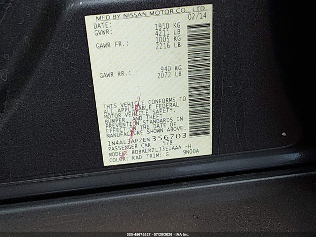 1N4AL3AP2EN356703 Nissan Altima 2.5 S
