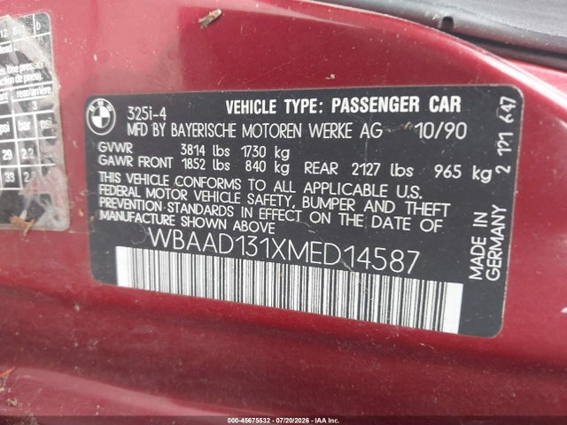Aukcja sprzedaży 1991 Bmw 325 I, vin: WBAAD131XMED14587, numer aukcji: 45675532