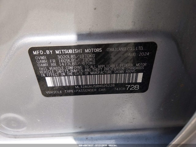 Aukcja sprzedaży 2024 Mitsubishi Mirage Es/le, vin: ML32AUHJ5RH025228, numer aukcji: 45675537