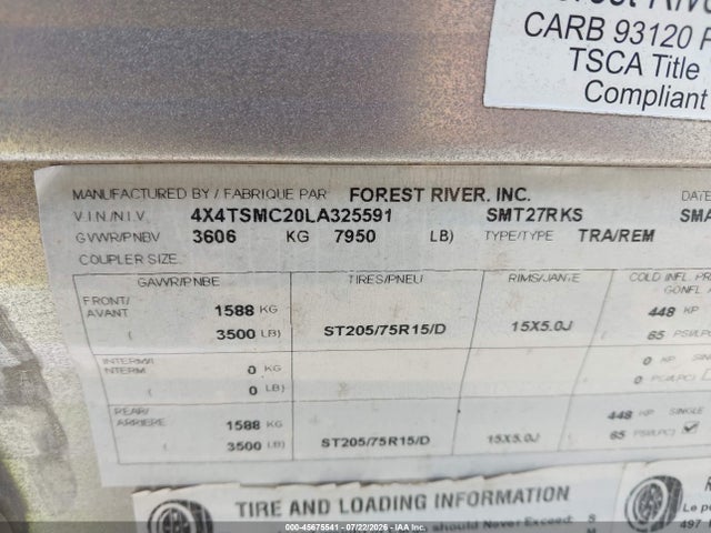 Продаж на аукціоні авто 2020 Forest River Salem 27rks, vin: 4X4TSMC20LA325591, номер лоту: 45675541