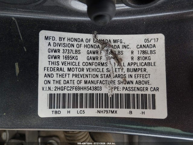 Honda Civic Lx 2017 2HGFC2F69HH543803 Image 9