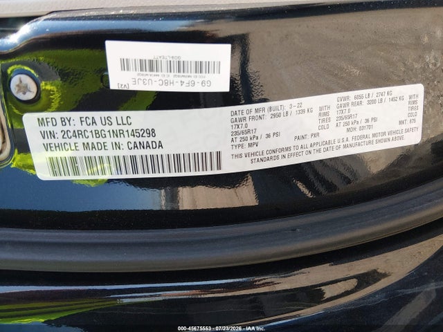 Продажа на аукционе авто 2022 Chrysler Pacifica Touring L, vin: 2C4RC1BG1NR145298, номер лота: 45675553