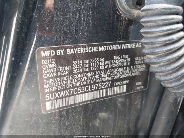 Продаж на аукціоні авто 2012 Bmw X3 Xdrive35i, vin: 5UXWX7C53CL975227, номер лоту: 45675566