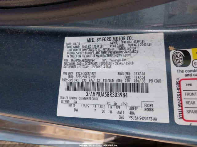 2011 Ford Fusion Sel მანქანა იყიდება აუქციონზე, vin: 3FAHP0JA5BR303984, აუქციონის ნომერი: 45675571