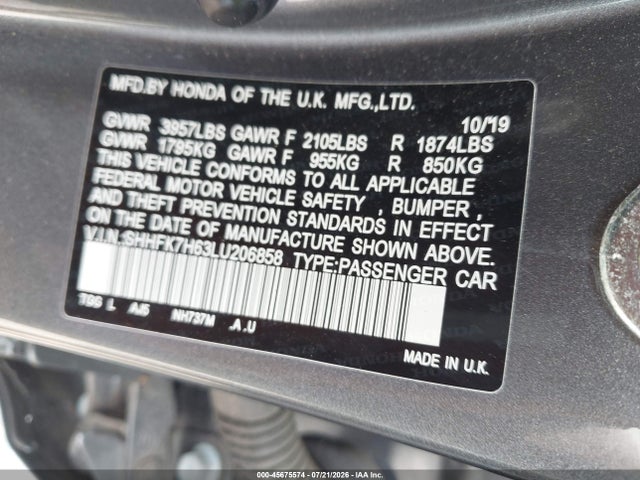 45675574 :رقم المزاد ، SHHFK7H63LU206858 vin ، 2020 Honda Civic Ex مزاد بيع