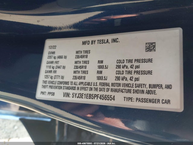 Tesla Model 3 Long Range Dual Motor All-wheel Drive 2023 5YJ3E1EB5PF456554 Image 9