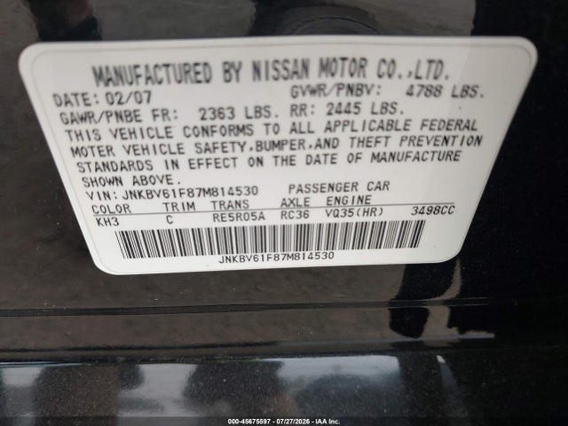 Aukcja sprzedaży 2007 Infiniti G35x, vin: JNKBV61F87M814530, numer aukcji: 45675597