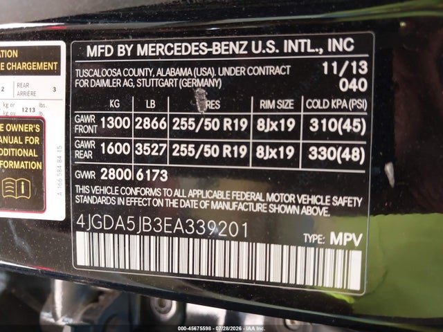 Продаж на аукціоні авто 2014 Mercedes-benz Ml 350, vin: 4JGDA5JB3EA339201, номер лоту: 45675598