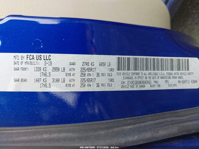 Aukcja sprzedaży 2019 Dodge Grand Caravan Se, vin: 2C4RDGBG8KR643431, numer aukcji: 45675599