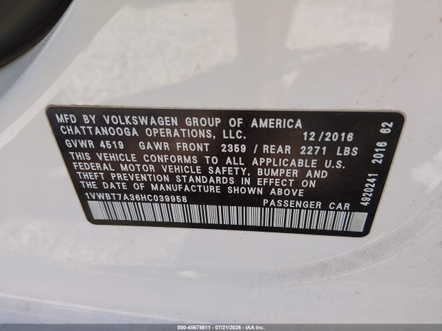 1VWBT7A36HC039958 Volkswagen Passat 1.8t Se