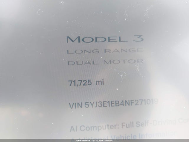 45675614 :رقم المزاد ، 5YJ3E1EB4NF271019 vin ، 2022 Tesla Model 3 Long Range Dual Motor All-wheel Drive مزاد بيع