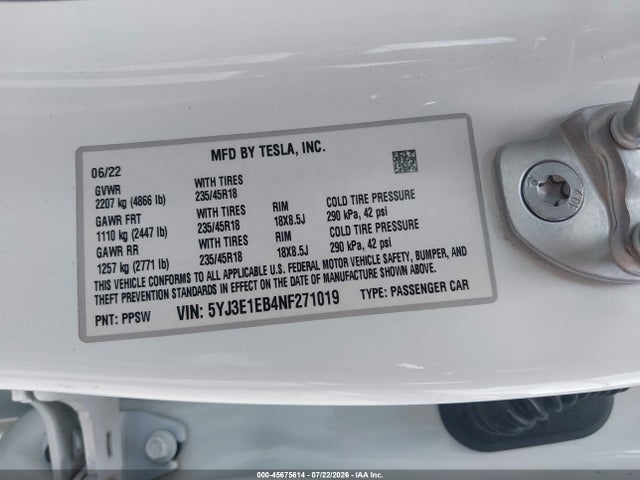 45675614 :رقم المزاد ، 5YJ3E1EB4NF271019 vin ، 2022 Tesla Model 3 Long Range Dual Motor All-wheel Drive مزاد بيع