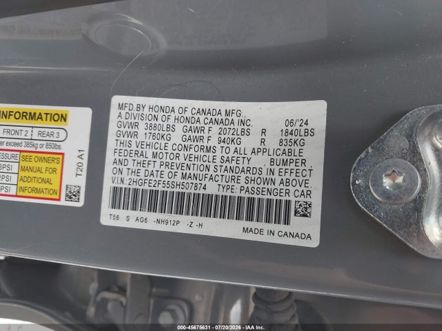 2025 Honda Civic Sport მანქანა იყიდება აუქციონზე, vin: 2HGFE2F55SH507874, აუქციონის ნომერი: 45675631